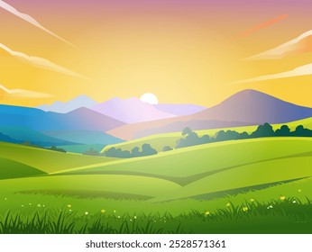 Paisaje verde del verano. Panorama natural en primavera. Amanecer y atardecer, amanecer. Fondo de pantalla y fondo con hermosos paisajes con montañas y prados. Ilustración vectorial plana de dibujos animados