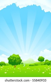 Green Summer Landscape Scene with Flowers, Trees, and Mountains. Beautiful Blue Sky with Clouds in the Background. Can be used as backdrop, poster, card, template. Vector illustration.