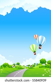 Green Summer Landscape Scene with Hills, Trees, Road, Houses and Balloons. Beautiful Blue Sky with Clouds in the Background. Can be used as backdrop, poster, card, template. Vector illustration.