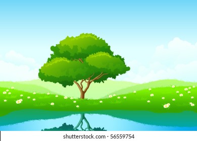 Green Summer Landscape Scene with Tree and Lake. Can be used as background, poster, card, template. Vector illustration.