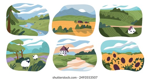 Grüne Sommerlandschaft. Szenenset mit schönen Dorfpanoramen mit Feldern, Hügeln, Bauernhäusern, Weiden und Fluss. Landschaft. Flache Vektorillustrationen isoliert auf weißem Hintergrund