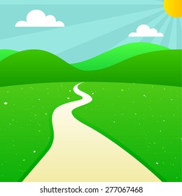 Green Summer Landscape with Sun, Sunshine, Clouds, Hills, Meadow and Road. Vector Outdoor Illustration. Scenic Countryside Background.