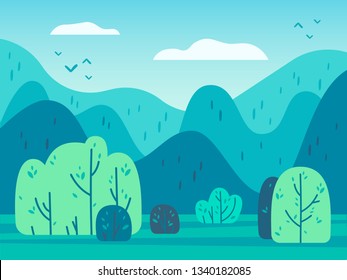 Green summer landscape with trees fields and mountains. Lovely rural nature. Unlimited space. Vector flat cartoon style illustration