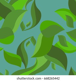 Green summer leaves on a light blue background, seamless pattern