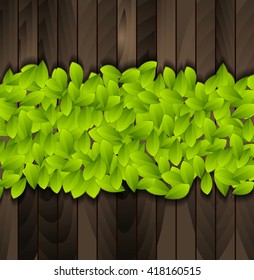 Green summer leaves on wooden background. Vector eco nature graphic design