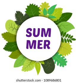 Green summer leaves under white round label and inscription summer. Vector card with green leaves isolated on white background