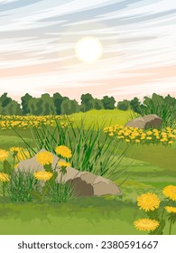 Green summer meadow with yellow dandelions. Realistic vector vertical landscape