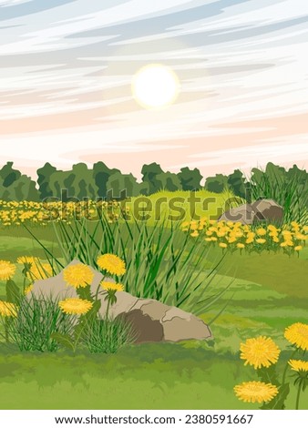 Green summer meadow with yellow dandelions. Realistic vector vertical landscape