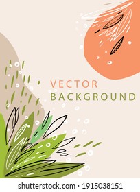 Green summer natural template design. orange background on light background. Backdrop illustration. Vector ecology line art illustration. Minimal design.
