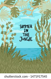 Green summer nature, frame with leaves for design, handwritten inscription, coast of the blue sea, greenery around. Vector flat cartoon illustration