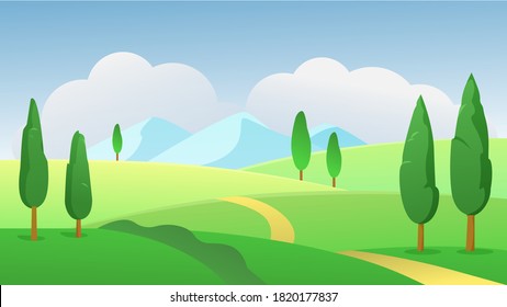 Green summer nature landscape vector illustration. Cartoon flat sunny day panoramic scenery with natural greenery, trees and grass meadow field and road on hills, summertime grassland background