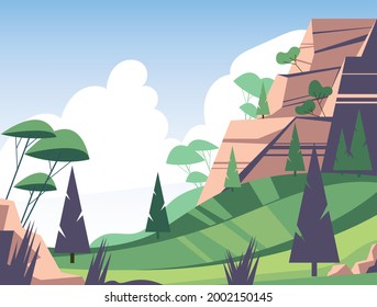 Green summer nature with pine tree and mountain. Vector flat graphic design illustration