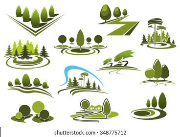 Green summer park, forest and garden landscape icons. With decorative trees and bushes, walking alleys and footpaths, peaceful grassy meadows and figured lawns