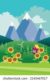 Green summer rural landscape with big sunflowers illustration.