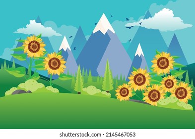 Green summer rural landscape with big sunflowers illustration.