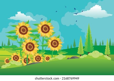 Green summer rural landscape with big sunflowers illustration.