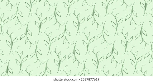 Green summer seamless pattern of silhouettes leaves. Soft green colors. Graceful spring vintage background. Young curved shoots with leaves.