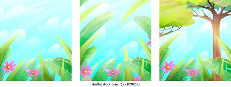 Green summer or spring nature background fairy tale collection. Jungle scenery frames with leaves grass and trees. Vector design in watercolor style.