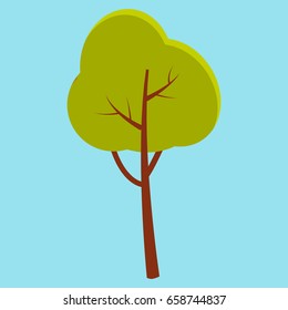 Green summer tree with brown stem flat closeup icon isolated on blue background. Vector illustration of nature in cartoon style.