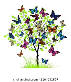 Árbol verde de verano con mariposas. Ilustración del vector
