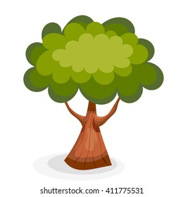 Green summer tree on a white background. Cartoon tree isolate. Illustration of oak with green leaves.