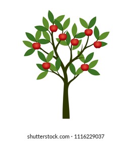 Green summer Tree with red apple. Vector Illustration. Plant in garden.