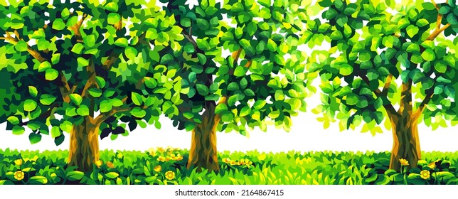 Green summer trees and green lawn with yellow flowers on white background.