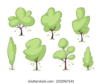 Green summer trees set. Collection of forest and Bushes. Nature details, abstract plants with leaves. Vector illustration