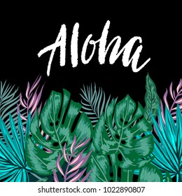 Green summer tropical background with exotic palm leaves and flowers. Vector floral background with lettering text Aloha on black