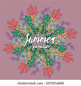 Green summer tropical background with exotic palm leaves and flowers. Vector floral background with text. Beautiful print. 