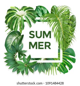 Green summer tropical background with exotic palm leaves and plants. Vector photorealistic exotic palm leaves. Summer banner for cosmetics, textile, print, party invitation, sale design.