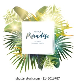 Green summer tropical background with exotic palm leaves, plants and yellow flowers. Vector floral background.