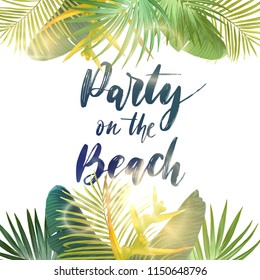 Green summer tropical background with exotic palm leaves and bird of paradise flowers. Vector floral background.
