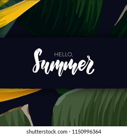 Green summer tropical background with exotic palm leaves and bird of paradise flowers. Vector floral background.