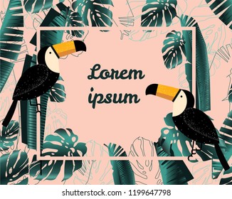 Green summer tropical background with exotic palm leaves and toucan. Vector floral background.