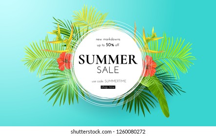 Green summer tropical background with exotic palm leaves and hibiscus flowers. Vector floral background. Sale banner or flyer template.