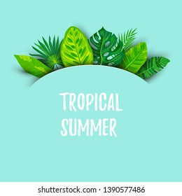 Green summer tropical background with exotic leaves. Place for text. Vector illustration for poster, web, flyers, party invitation, postcard, sale, ecological concept.