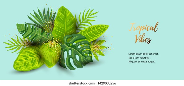 Green summer tropical background with exotic leaves. Place for text. Vector illustration for poster, web, flyer, party invitation, sale, ecological concept.