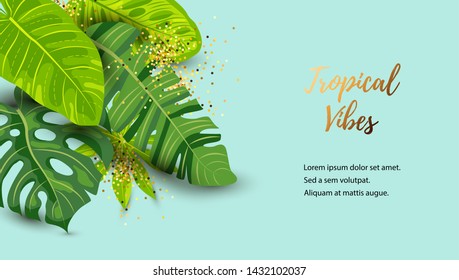 Green summer tropical background with exotic leaves. Place for text. Vector illustration for poster, web, flyer, party invitation, ecological concept, sesonal sale.