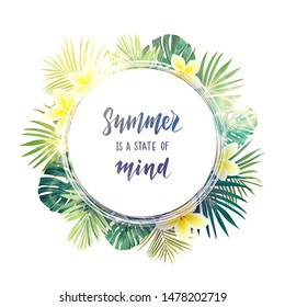 Green summer tropical background with exotic palm leaves and plumeria flowers. Vector floral background.