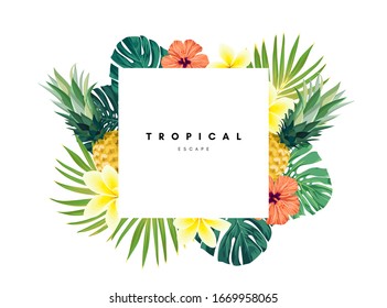 Green summer tropical background with exotic monstera palm leaves, pineapples, plumeria and hibiscus flowers. Vector floral background. Party flyer, invitation or banner template.