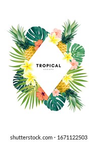 Green summer tropical background with exotic monstera palm leaves, pineapples, plumeria and hibiscus flowers. Vector floral background. Party flyer, invitation or banner template.