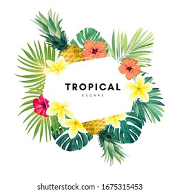 Green summer tropical background with exotic monstera palm leaves, pineapples, plumeria and hibiscus flowers. Vector floral background. Party flyer, invitation or banner template.