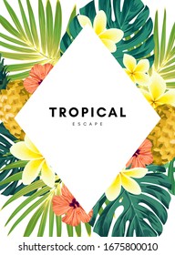 Green summer tropical background with exotic monstera palm leaves, pineapples, plumeria and hibiscus flowers. Vector floral background. Party flyer, invitation or banner template.