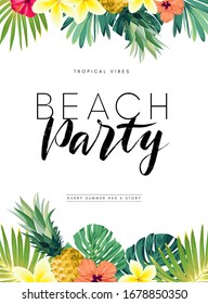 Green summer tropical background with exotic monstera palm leaves, pineapples, plumeria and hibiscus flowers. Vector background. Party flyer, invitation or banner template.