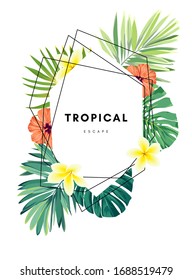 Green summer tropical background with exotic monstera palm leaves, pineapples, plumeria and hibiscus flowers. Vector floral background. Party flyer, invitation or banner template.