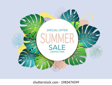 Green summer tropical background with exotic monstera. Vector floral lilac background. Web sale banner or flyer template.