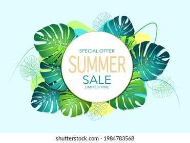 Green summer tropical background with exotic monstera. Vector floral blue background. Web sale banner or flyer template.