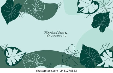 Green summer tropical background with exotic leaves. Vector floral background. Abstract simply background with natural line arts