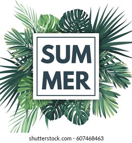 Green summer tropical background with exotic palm leaves and plants. Vector floral background.